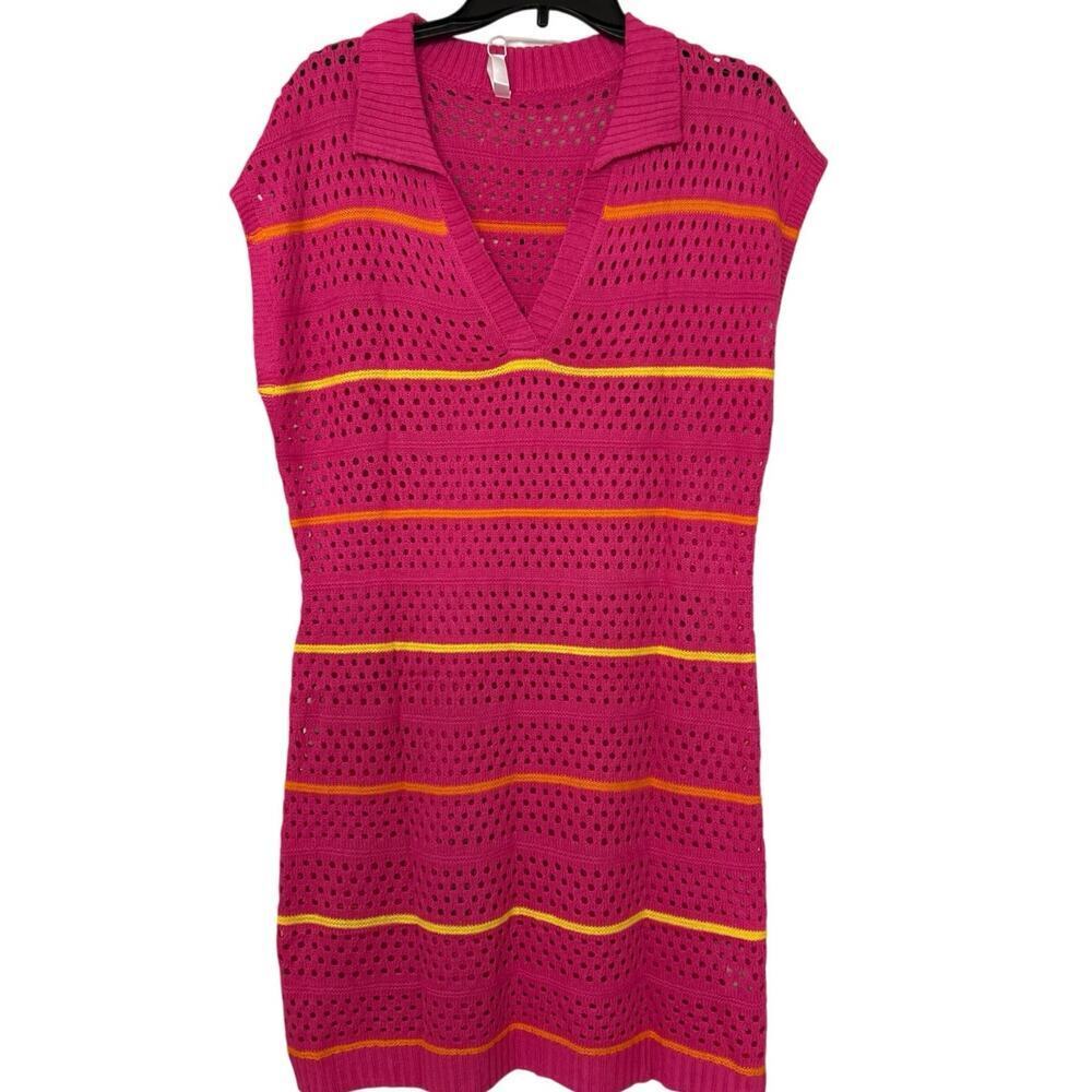Dokotoo Bright Pink  Striped Open Knit Swim Coverup Large Beachy Vacation New